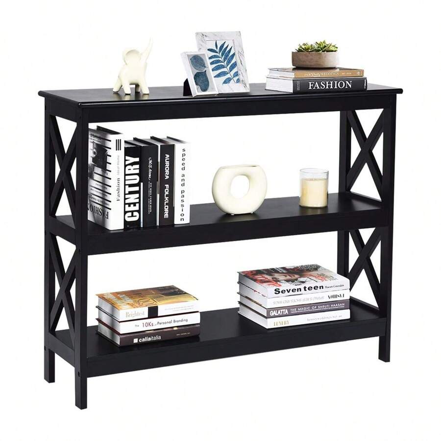 Table console à 3 niveaux, table d'entrée étroite, table d'appoint en bois, stable avec barre de support latérale en forme de X, style maison de campagne, laquée & facile d'entretien, pour l'entrée salon - Noir - Voir 1