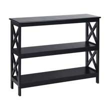 Table console à 3 niveaux, table d'entrée étroite, table d'appoint en bois, stable avec barre de support latérale en forme de X, style maison de campagne, laquée & facile d'entretien, pour l'entrée salon - Noir - Voir 2