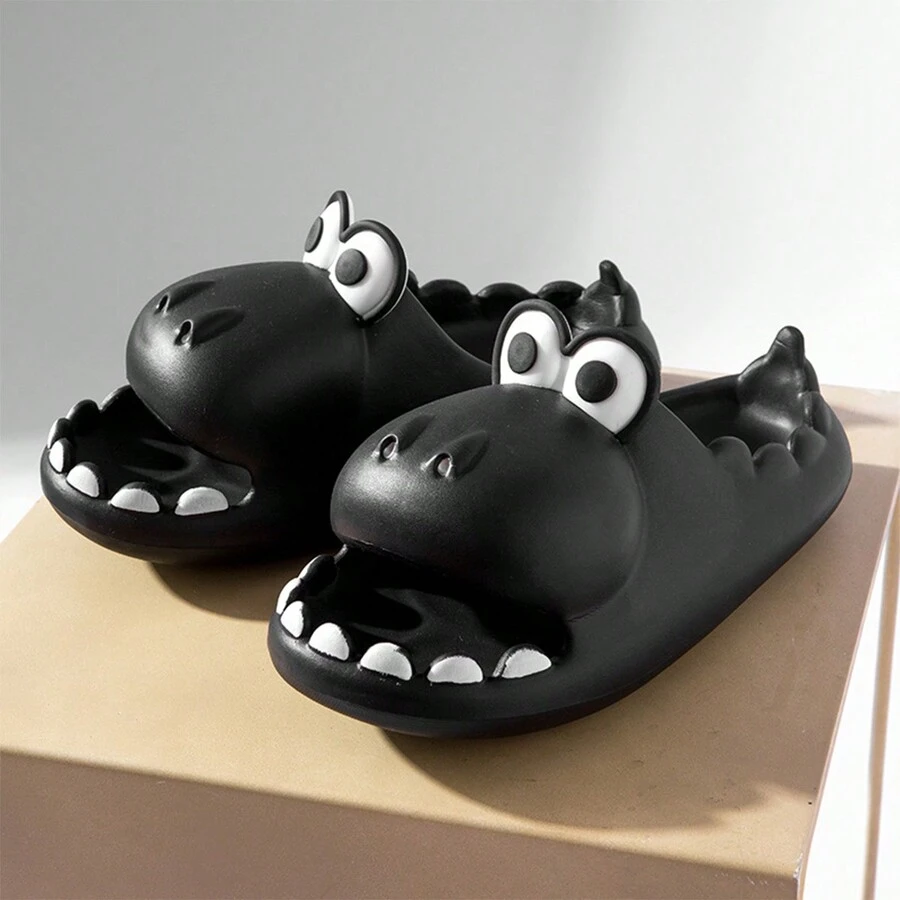 Zapatillas de verano para hombre con lindo patrón de dinosaurio de dibujos animados, fondo grueso de EVA resistente y antideslizante, cómodo y resistente al olor - Negro - Ver 1
