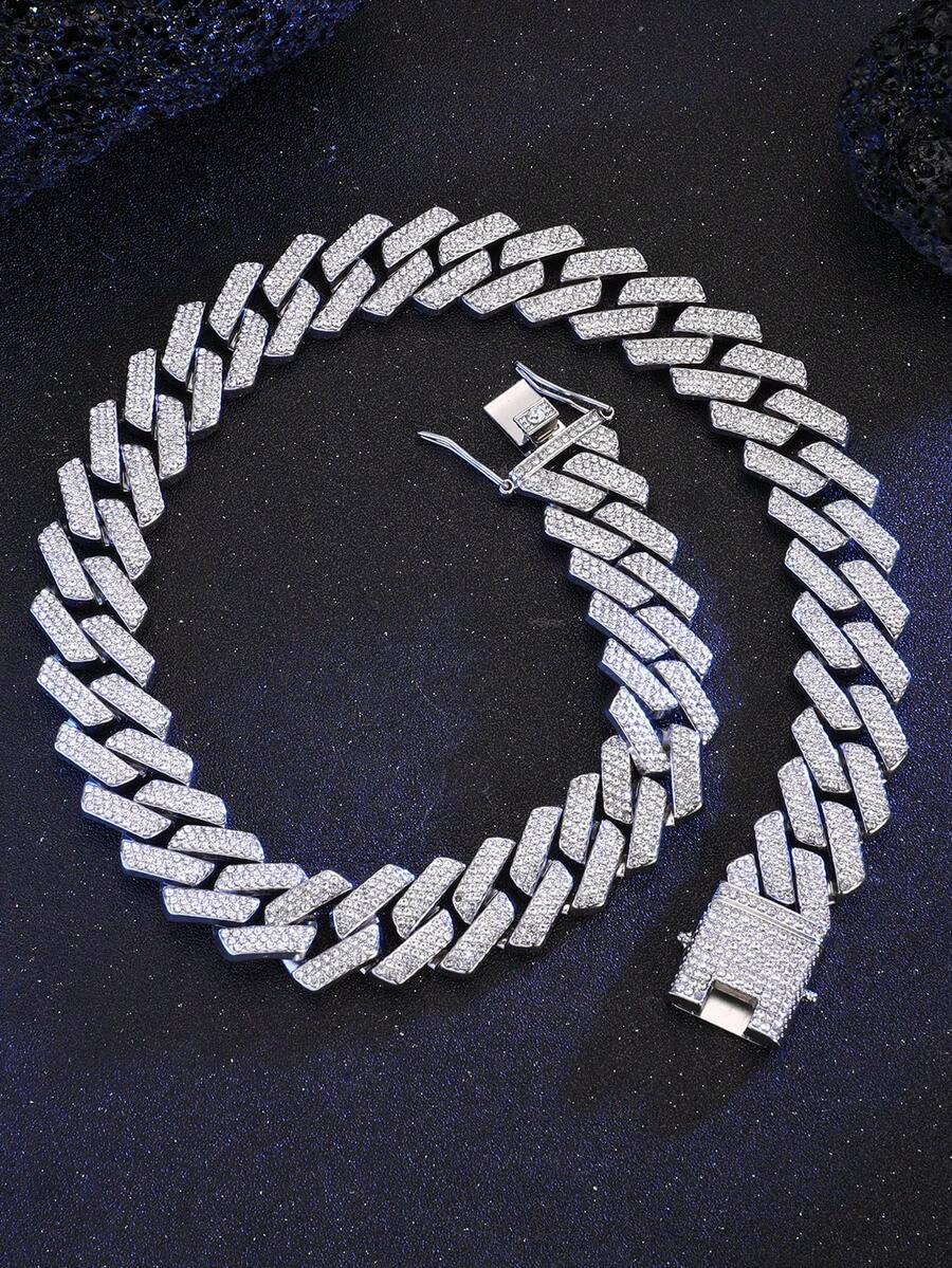 1 chiếc vòng cổ mắt xích Miami Fashion dành cho nam 20mm Iced Out Heavy 20mm Rhinestone Prong Street Choker mắt xích dài 18/20 inch Quà tặng trang sức Hip Hop cho phụ nữ - Bạc - Xem 1