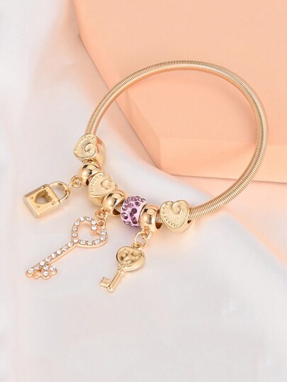 Rhinestone Key & Lock Charm Bangle