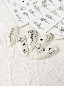 4张美甲贴纸，抽象线条花朵蝴蝶图案，自粘式美甲贴纸，适合女性和女孩的指甲，美甲用品 - 黑色 - 查看 3