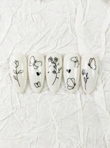 4张美甲贴纸，抽象线条花朵蝴蝶图案，自粘式美甲贴纸，适合女性和女孩的指甲，美甲用品 - 黑色 - 查看 2