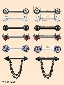 Juego De 6 Pares De Joyería De Piercing De Pezón De Acero Inoxidable Para Mujeres Con Alfileres De Pezón Engastados De Diamantes De Imitación Y Anillos De Pezón En Color Negro - Negro - Ver 6