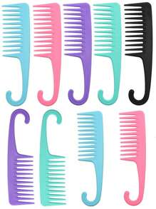 1pc Wide Tooth Curved Hook Comb, Random Color, Plastic Large Tooth Comb With Hook For Big Wavy, Curly Hair And Perm - Multicolor - View 3