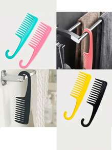 1pc Wide Tooth Curved Hook Comb, Random Color, Plastic Large Tooth Comb With Hook For Big Wavy, Curly Hair And Perm - Multicolor - View 5