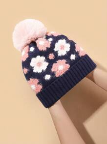 1 件儿童女孩柔软弹力花朵针织帽，带保暖内衬，适合秋冬季 - 彩色 - 查看 3