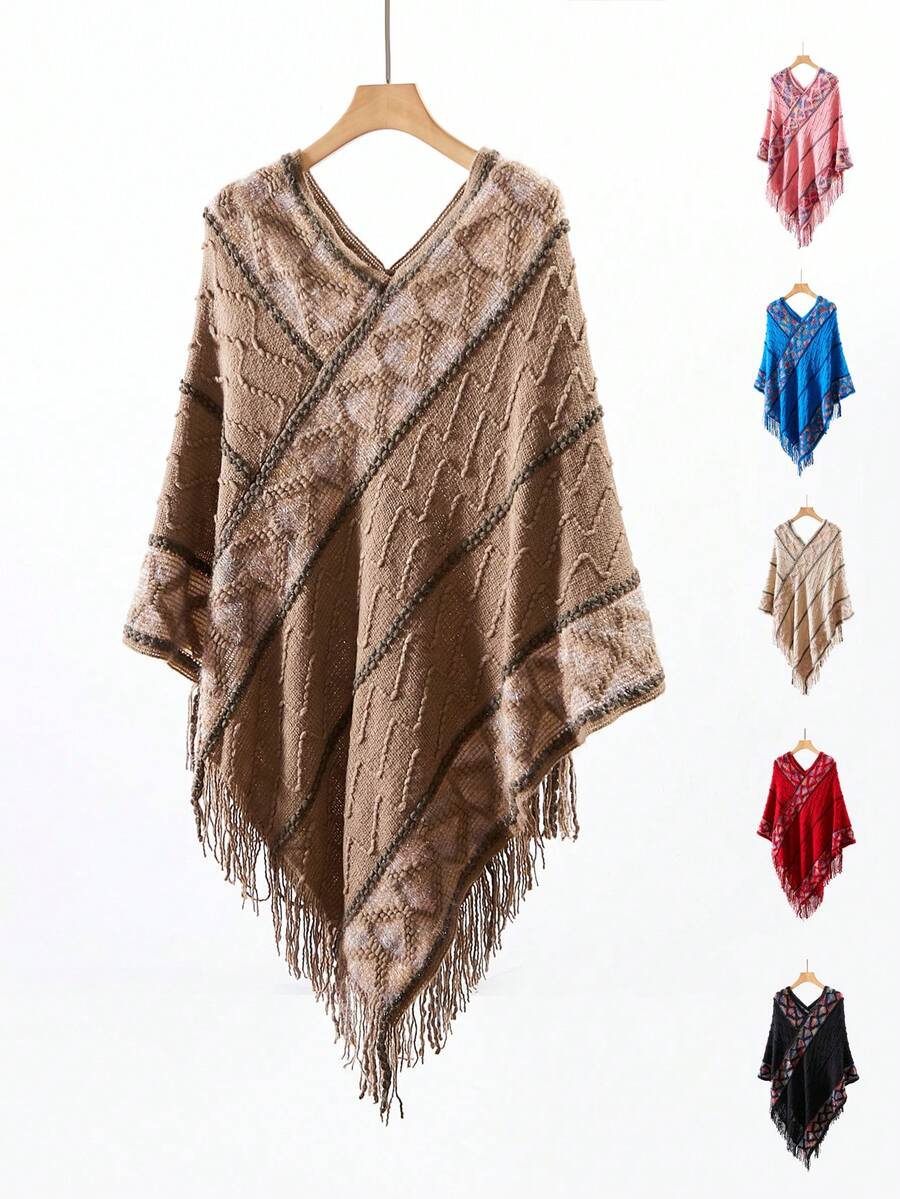 1件披風圍巾,可當作披肩、斗篷或外套穿著,適用於秋冬季節 - 棕色 - 查看 1
