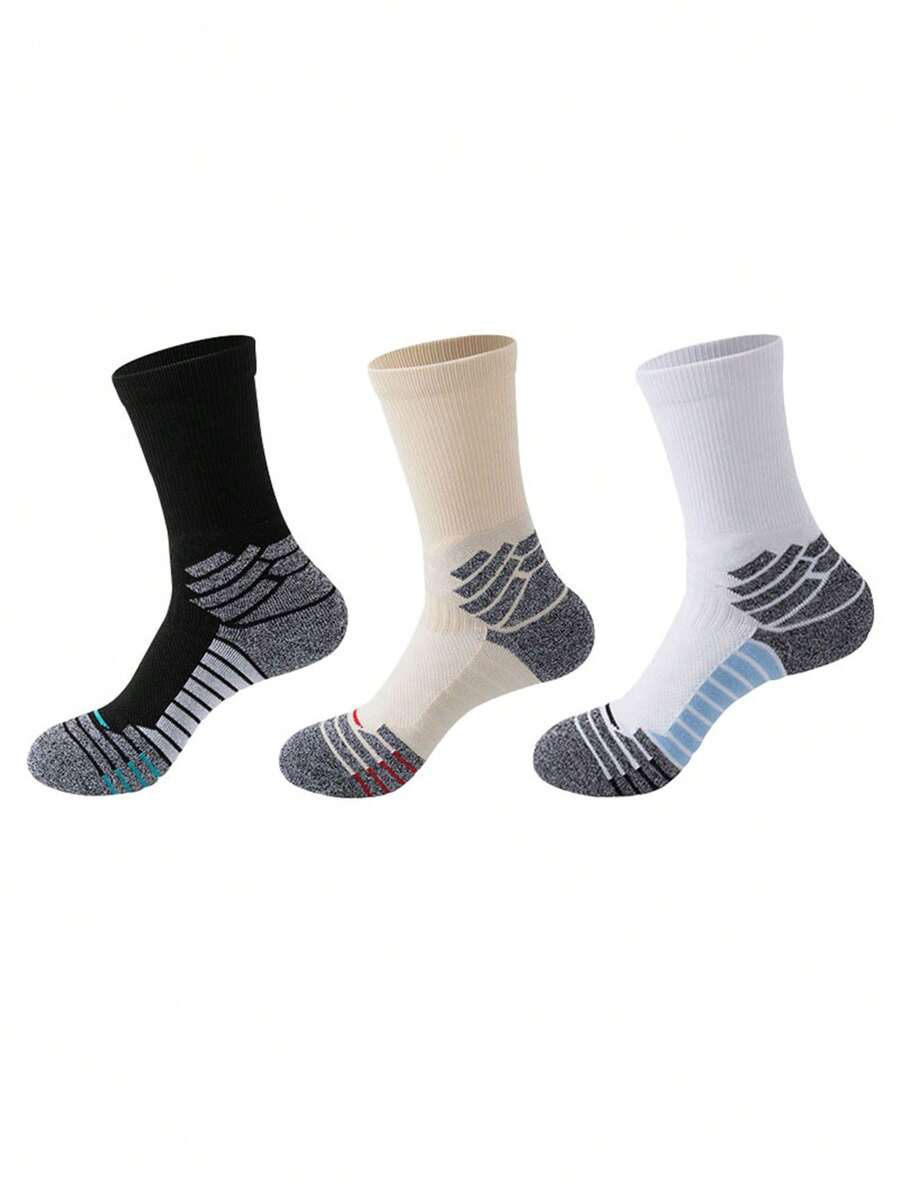 3pairs Men's Toweling Bottom High Tube Training Socks, Basketball Socks