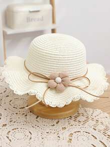 1套女孩可愛的五瓣花草帽和袋子套裝,防曬公主帽適用於戶外活動和沙灘 - 白色 - 查看 2