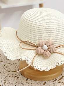 1套女孩可愛的五瓣花草帽和袋子套裝,防曬公主帽適用於戶外活動和沙灘 - 白色 - 查看 5