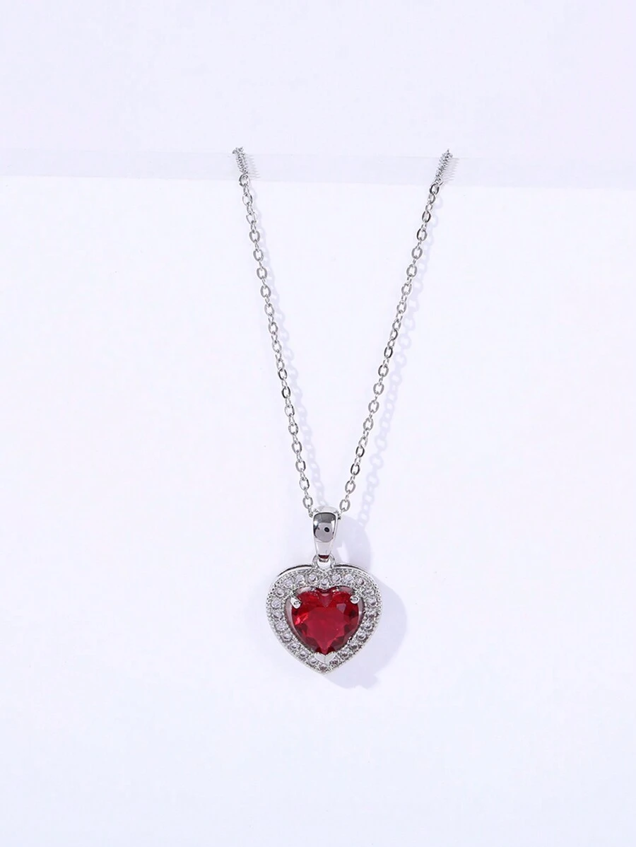 1pc Simple Heart & Cubic Zirconia Pendant Necklace For Daily Wear Or Wedding Valentines,Mom,Mother,Mother's Day,Gift - Hot Pink - View 1