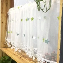 1入組可愛綠色星星刺繡透氣短窗簾,半窗簾,咖啡色窗簾,門簾 - 星星 - 查看 4