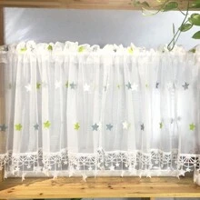 1入組可愛綠色星星刺繡透氣短窗簾,半窗簾,咖啡色窗簾,門簾 - 星星 - 查看 3