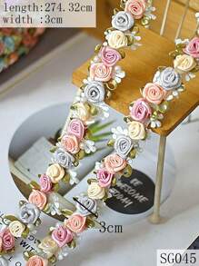 Sg045 七彩珍珠花朵設計手工蕾絲飾帶 Diy 頭飾、服裝、娃娃衣服裝飾,長度:274.32 厘米,寬度:3 厘米 - 粉色 - 查看 2