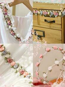 Sg045 七彩珍珠花朵設計手工蕾絲飾帶 Diy 頭飾、服裝、娃娃衣服裝飾,長度:274.32 厘米,寬度:3 厘米 - 粉色 - 查看 5