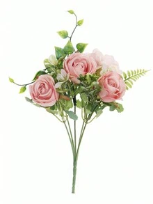 1 束 5 頭人造玫瑰花,家居裝飾絲綢玫瑰花束,婚禮手持花束和插花工藝品,人造玫瑰 - 粉色 - 查看 8
