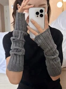 1pair Women's Knitted Vertical Stripe Design Arm Warmer, Suitable For Autumn And Winter, Simple And Fashionable, Can Be Worn With Everyday Outfits To Keep Warm - Dark Grey - View 2