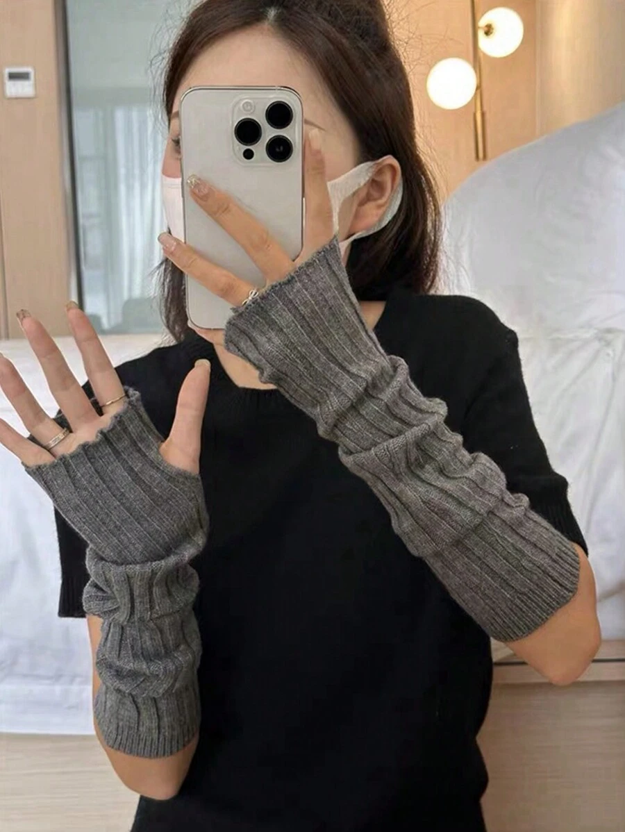 1pair Women's Knitted Vertical Stripe Design Arm Warmer, Suitable For Autumn And Winter, Simple And Fashionable, Can Be Worn With Everyday Outfits To Keep Warm - Dark Grey - View 1