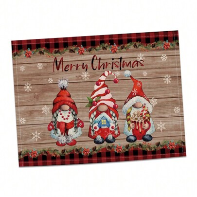 1pc Red Hat Elf & Snowflake Print Wood Grain Checkered Linen Placemat