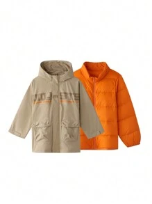Annil 男童风衣两件套冬季时尚保暖夹克套装 - 杏色 - 查看 1