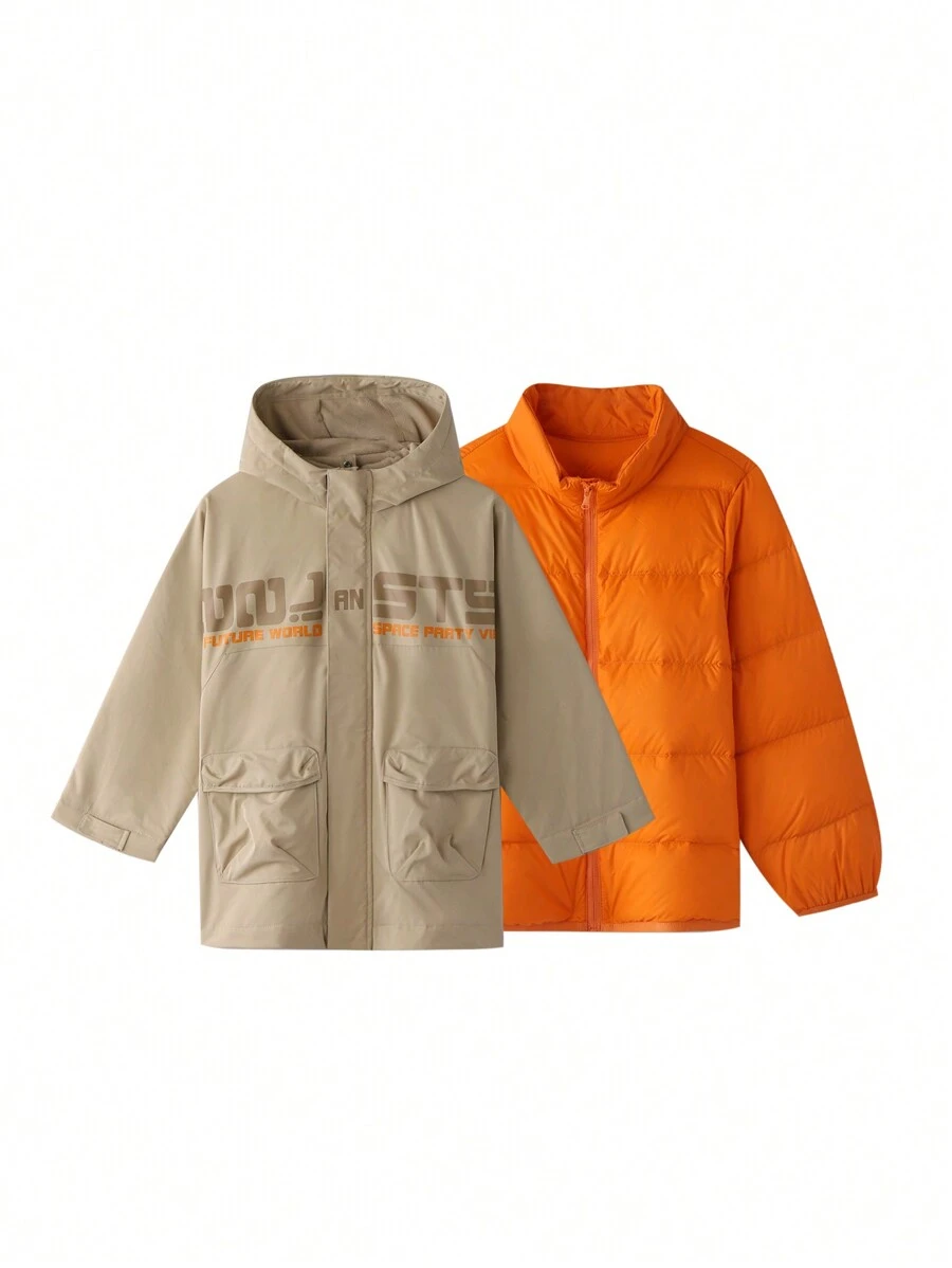 Annil 男童风衣两件套冬季时尚保暖夹克套装 - 杏色 - 查看 1