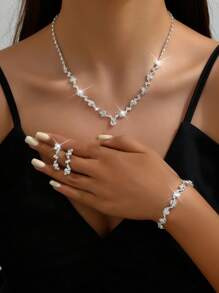 1set Fashionable Full Rhinestone Rose Gold Jewelry Set Including Necklace, Earrings And Bracelet - Rose Gold - View 4