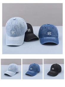 1pc Men's Sun Protection Outdoor Sport Washed Denim Baseball Cap With Nyc Embroidery For Daily Wear Casual