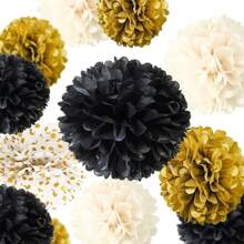 15pcs Black & Gold Party Decorative Paper Balls Set, Suitable For Graduation Party, Wedding, Birthday, Engagement And Other Occasions, Paper Garland Balls Can Be Hung On Ceiling Or Wall As Decor