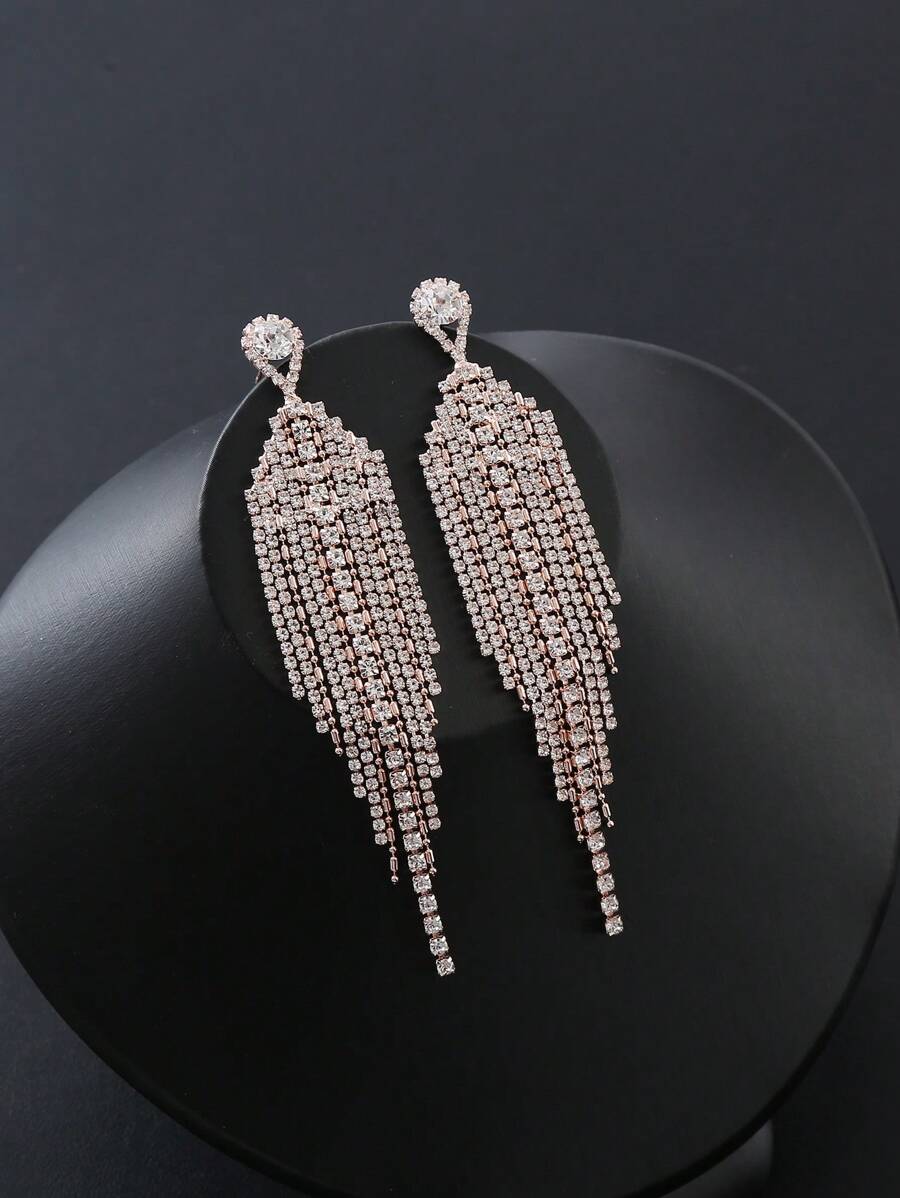 1 cái,Vollstandig Glanzende Strass-Quasten-Design, Lange BaumelndeOhrringe, Luxurioser, Eleganter Stil, Kupfer-Schmuck, Hochzeit-Ohrschmuck - Hoa hồng vàng - Xem 1