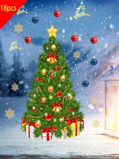 18pcs Thickened Snowflake Decorative Static Sticker For Christmas Tree + 1pc Colorful Ball Shaped Christmas Wall Sticker