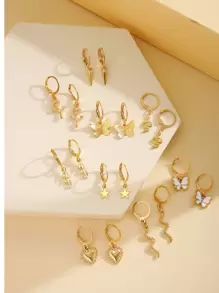 18入流行蝴蝶心形五角星花葉裝飾耳環套裝,適合女士日常佩戴 - 金黃色 - 查看 4