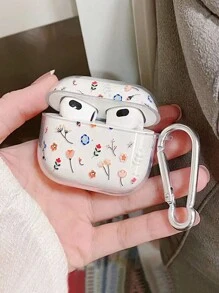 Floral Transparent Earphone Case With Lanyard Hook, Compatible With Apple Earphone Models - Clear - View 1