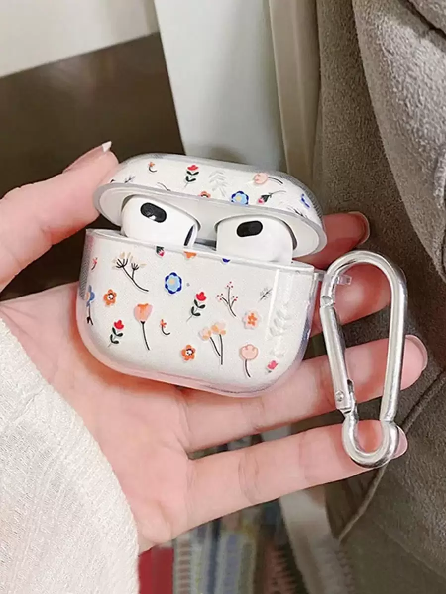 Floral Transparent Earphone Case With Lanyard Hook, Compatible With Apple Earphone Models - Clear - View 1