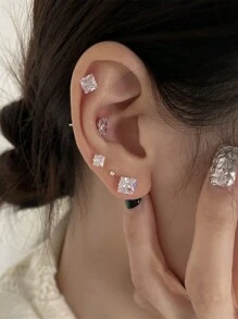 BALMORA 1 对 925 纯银迷你方形 Cz 耳钉，韩式全铺镶水钻装饰 3 毫米 - 8 毫米尺寸适合女性日常佩戴 - 銀色 - 查看 5