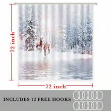 1 件聖誕主題浴簾,帶 12 個掛鉤,房間、浴室和節日裝飾,聖誕節自然季節的冬季森林風景,72*72 英寸