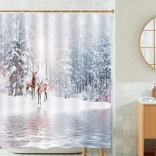 1 件聖誕主題浴簾,帶 12 個掛鉤,房間、浴室和節日裝飾,聖誕節自然季節的冬季森林風景,72*72 英寸