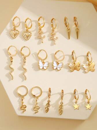 18pcs Fashionable Butterfly Hearts 5-pointed Star Flower Leaf Decorated Earrings Set Suitable For Ladies' Daily Wear