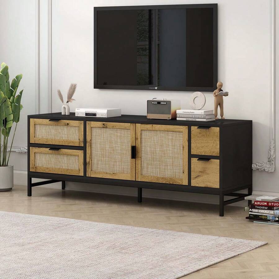 MERAX Elegant Rattan TV Stand For TVs Up To 65", Boho Style Media Console With Adjustable Shelves, Sleek TV Console Table With Wood Grain Surface For Living Room - 鋼灰 - 查看 1