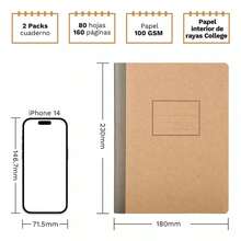2 cuadernos encuadernados en kraft, 160 páginas, diseño en caja, cuadernos para estudiantes, agendas, material de oficina y escolar - Albaricoque - Ver 6