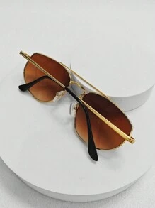 1pc Metal Rim Aviator Style Half Frame Fashion Glasses With Gold Frame, Suitable For Taking Photos - Brown - View 2