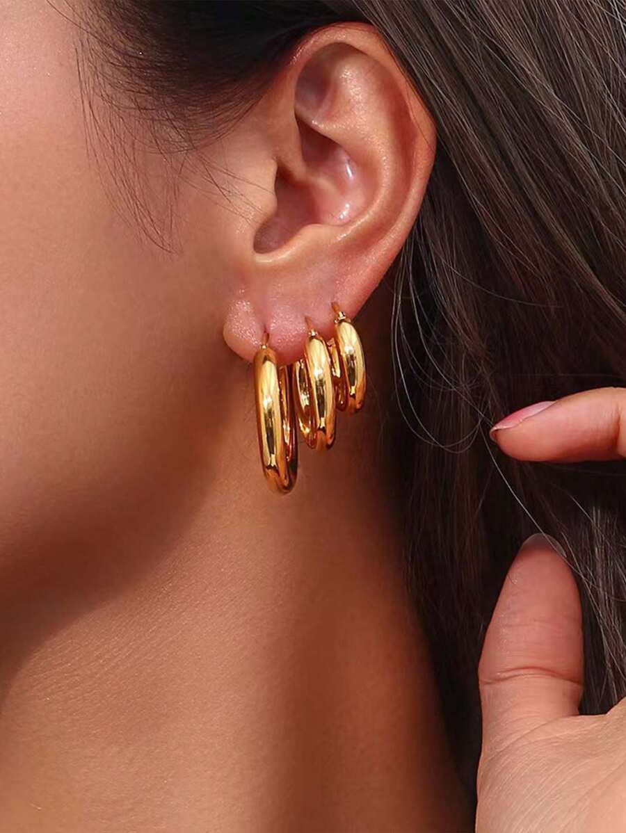 3pairs/set Stainless Steel Women Earrings, Vintage And Minimalist Style, Gold, In Different Sizes