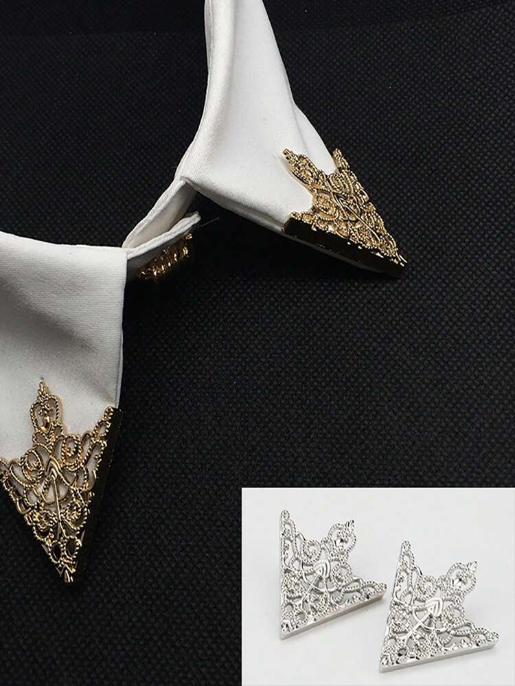 1 Pair Vintage Palace Collar Pins For Men's Dress Shirts, Antique Bronze Tone Hollow Flower Trim Triangle Collar Clips Elegant