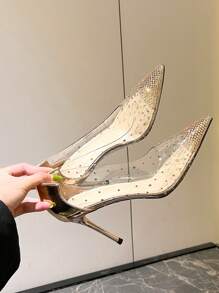 Tacones altos de aguja transparentes para mujer con diamantes de imitación, zapatos de punta afilada de color champán en PVC para primavera/otoño - Champán - Ver 1