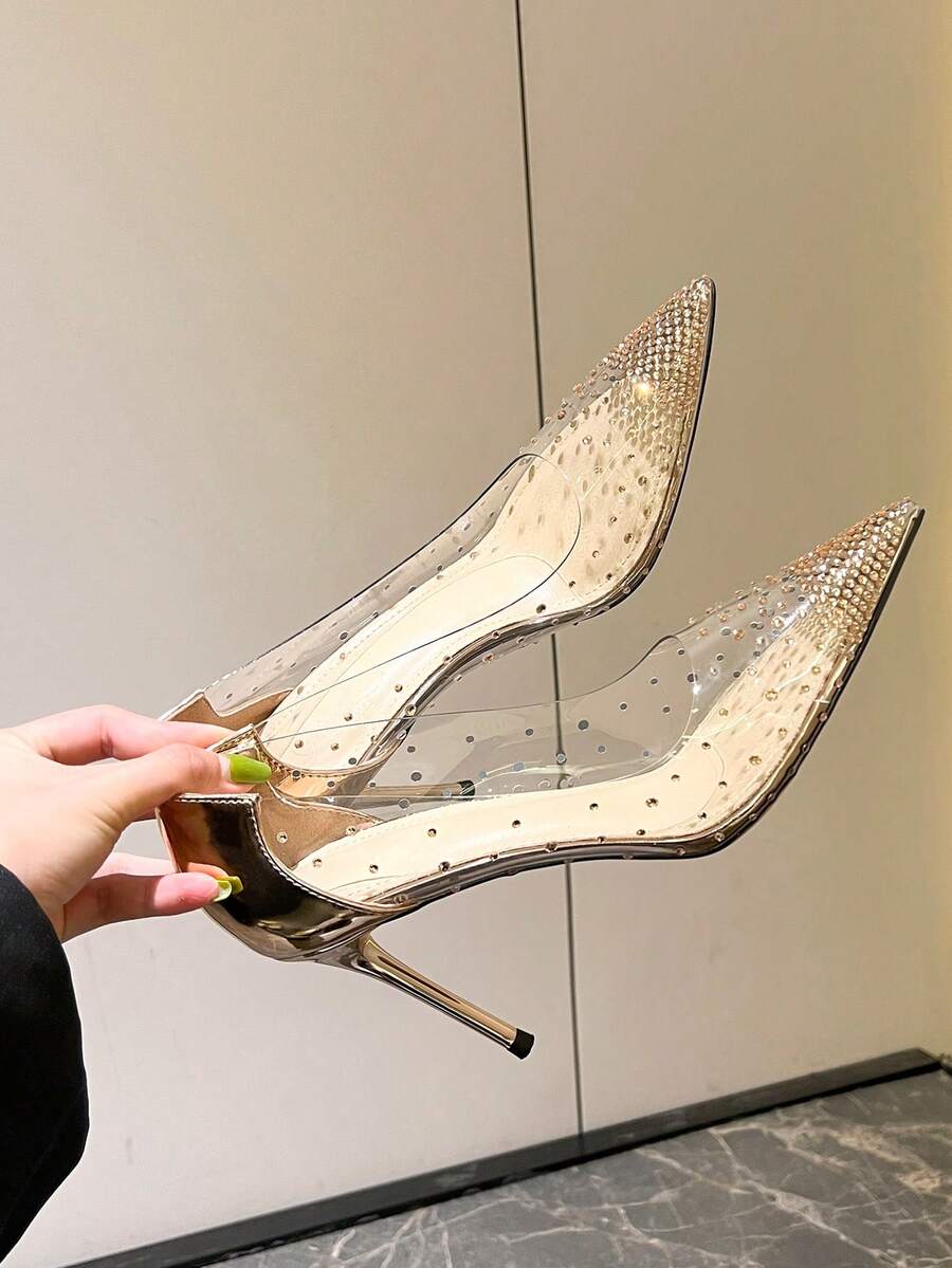 Tacones altos de aguja transparentes para mujer con diamantes de imitación, zapatos de punta afilada de color champán en PVC para primavera/otoño - Champán - Ver 1