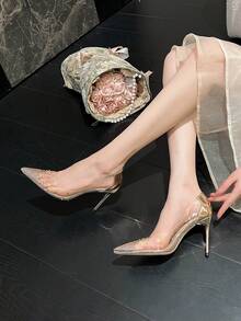 Tacones altos de aguja transparentes para mujer con diamantes de imitación, zapatos de punta afilada de color champán en PVC para primavera/otoño - Champán - Ver 2