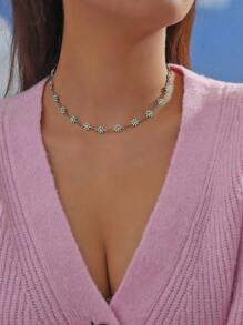 1 件簡約清新梅花不銹鋼雛菊頸鍊女式,日常/約會/度假 - 綠色 - 查看 1