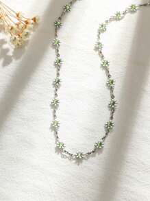 1 件簡約清新梅花不銹鋼雛菊頸鍊女式,日常/約會/度假 - 綠色 - 查看 2