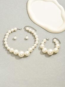 3入組大號人造珍珠休閒派對婚禮女士配件,包含項鍊,手鐲和耳環 - 白色 - 查看 3