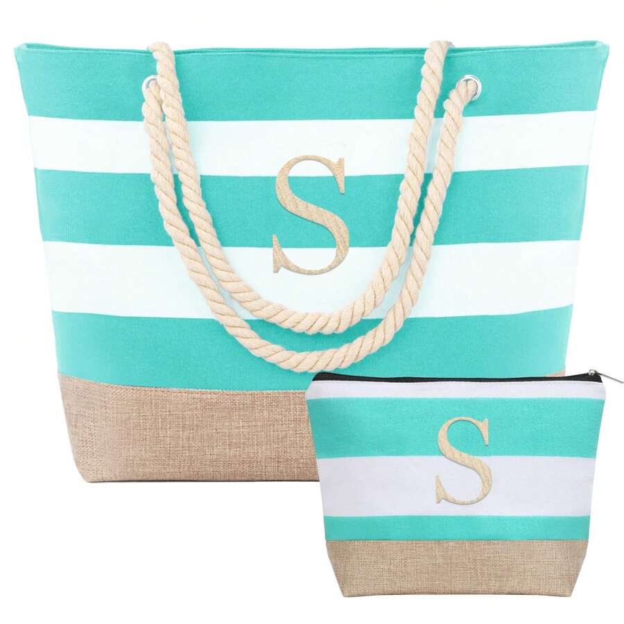 Waterproof Summer Canvas Bag Graduation Gifts For Women Initial Beach Tote Bag With Makeup Bag Zipper Pocket Personalized Wedding Gifts For Women Girls - S - 查看 1